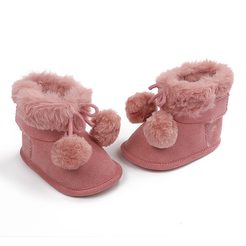 Baby Winter Warm Snowboots Zachte Zool Bont Gevoerde Pom Pom Enkellaarsjes Antislip Baby Prewalkers casual Footwear: Rose Red / 11