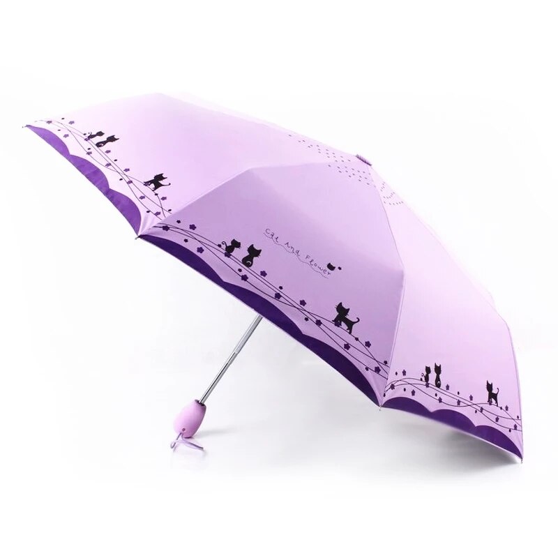 Oprindelige søde kat automatisk regn parasol kvinder bærbar vandtæt parasol vindtæt foldbar paraply: Lilla