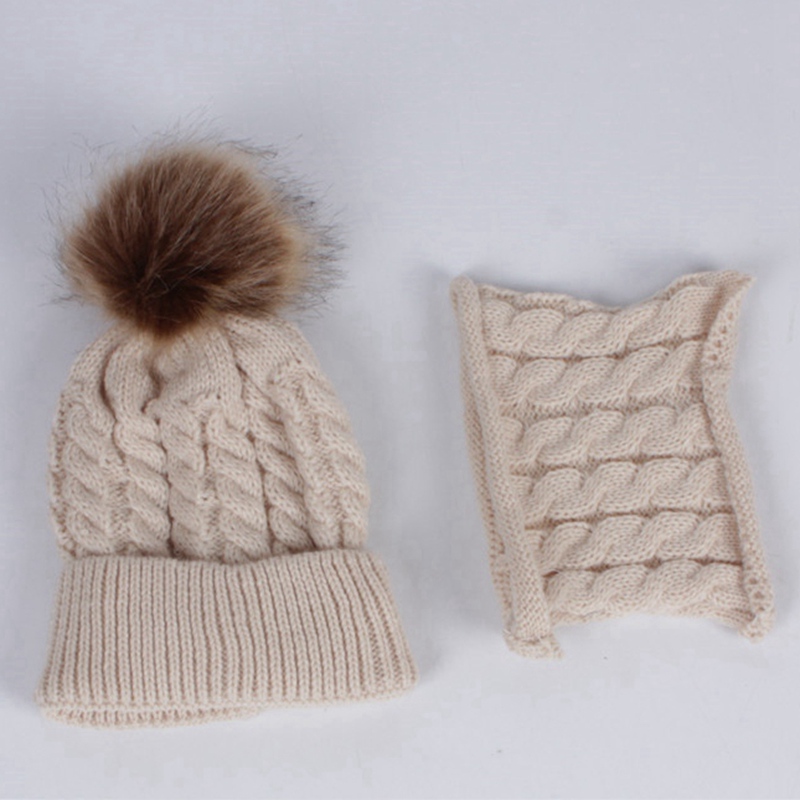 WZCX Kind Pompom Muts Sjaal Vrouwen Set Warm Houden Effen Kleur Casual Breien Dikker Baby Beanie Ski Cap: 01