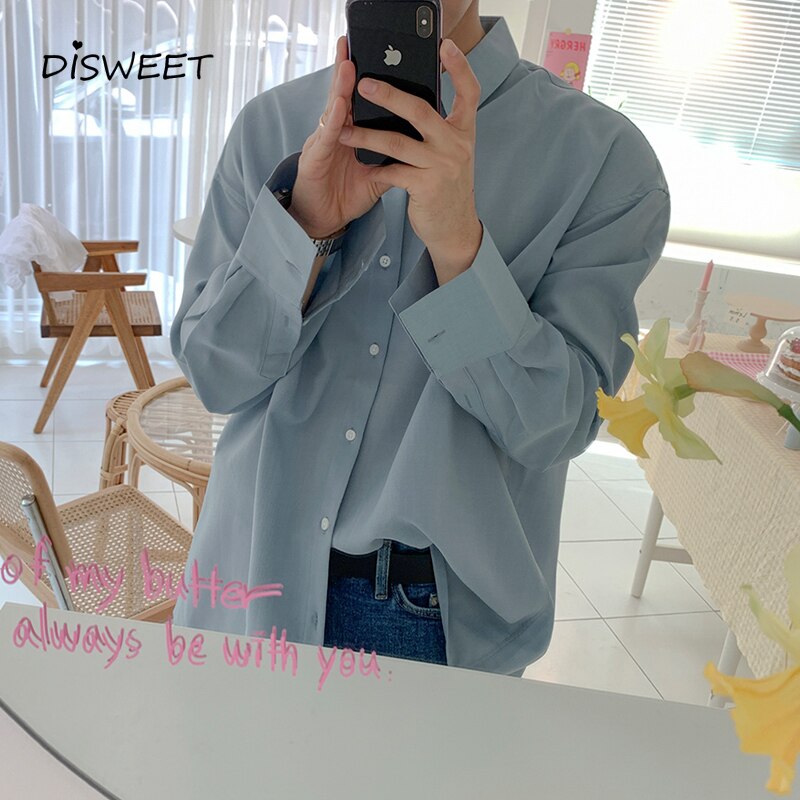 Autumn Solid Lapel Loose Shirt Men Korean Long-sleeved Single-breasted Slim Men's Shirt