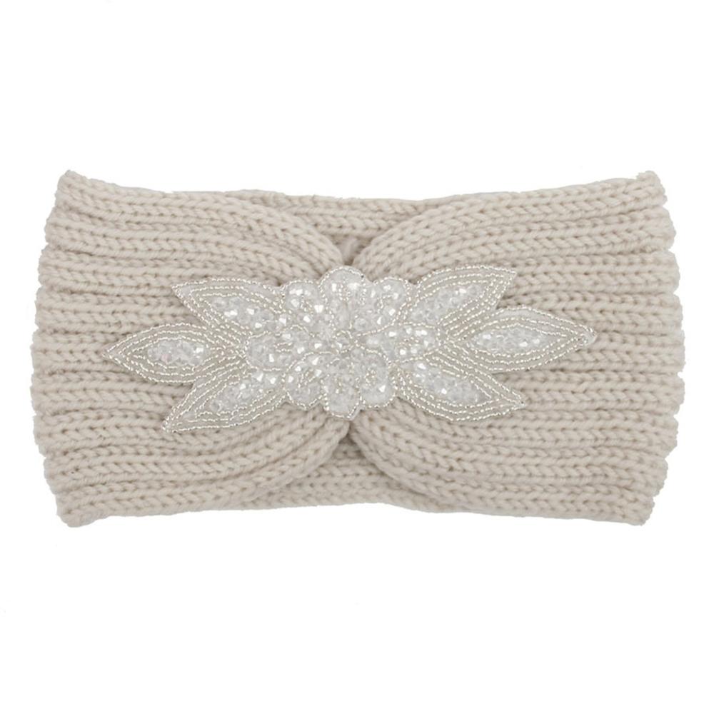 Winter Warmer Oor Gebreide Hoofdband Boog Strass Hoofddeksels Voor Vrouwen Meisjes Europese Effen Tulband Brede Haarband: Beige