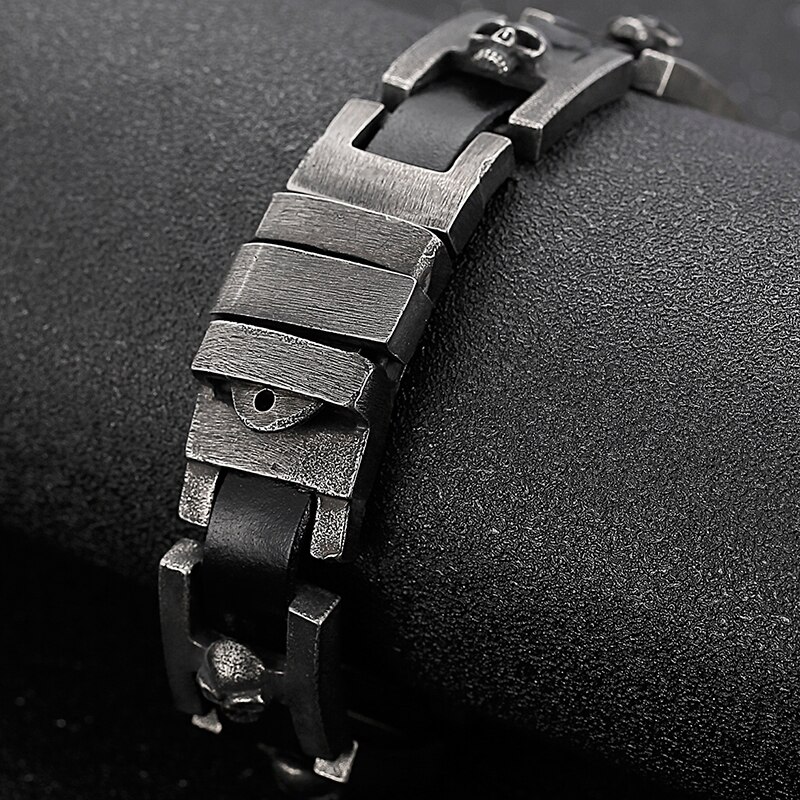 Bracelets en cuir pour hommes, tête de mort, boucle de ceinture, en acier inoxydable, grande taille 24/23CM