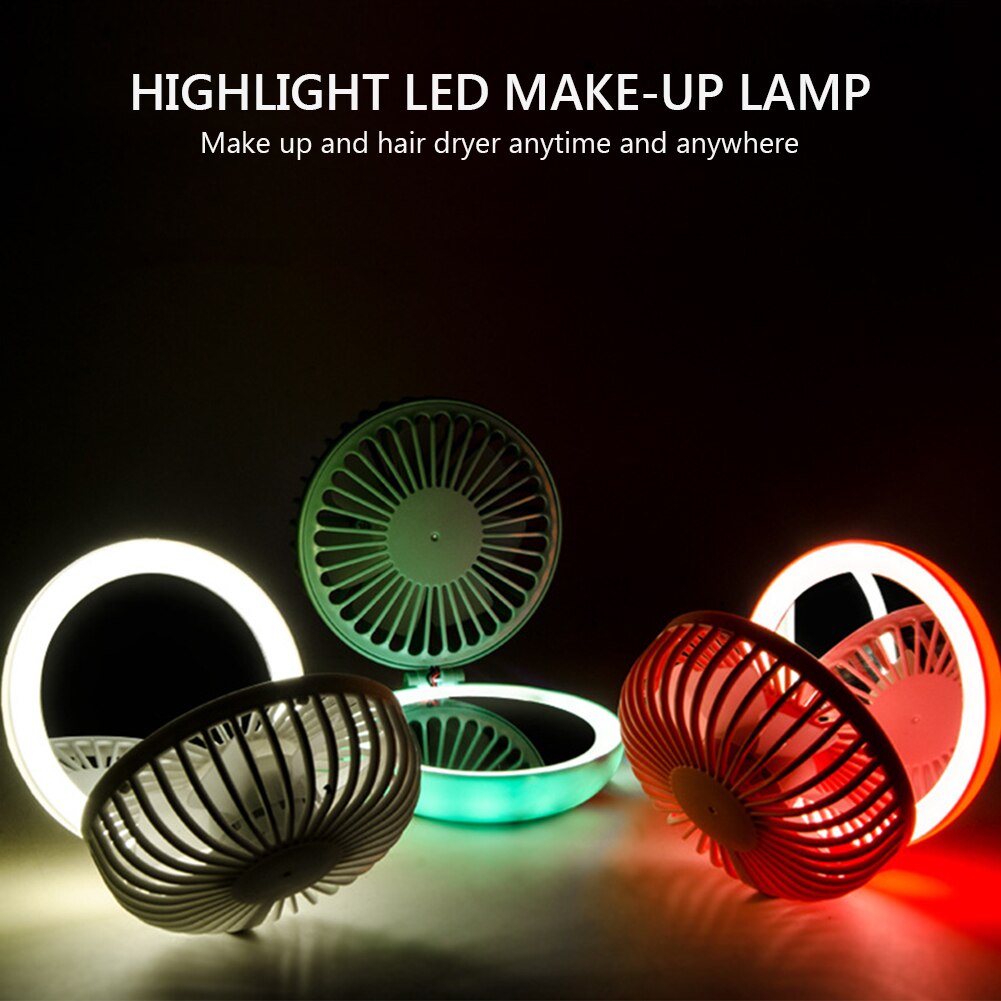 Przenośny wentylator USB 3 tryby prędkości z lusterkiem i światłem LED - Biały, Różowy, Niebieski