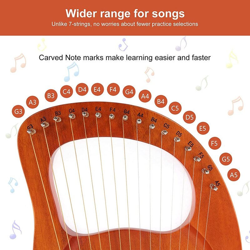 16 String Lyre Harp Mahogany Lyre Harp With Tuning Wrench Mini Harp For Kids And Adults Bbeginner Music Lovers Best
