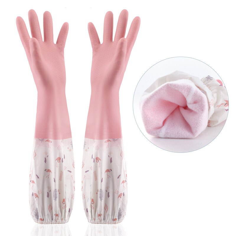 Guantes de goma para lavar platos, manoplas de látex impermeables para limpieza del hogar, con forro aterciopelado de algodón para Cocina: pink