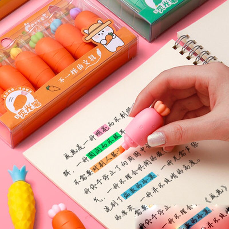 Surligneur carotte Cactus Kawaii, 6 couleurs, peinture, dessin, marqueur d&#39;art, fournitures scolaires, papeterie , 8 boîtes/lot