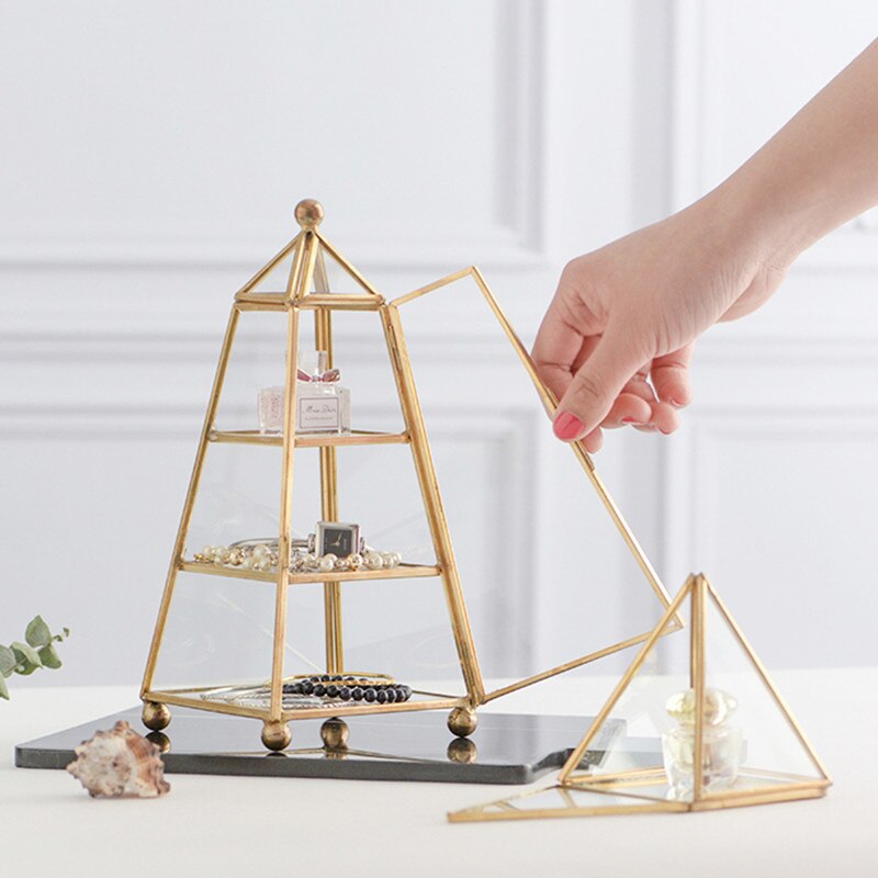 3 niveauer smykkeskrin opbevaring geometrisk opbevaringsboks til smykker display messing glas pyramide smykker arrangør gennemsigtig kasse
