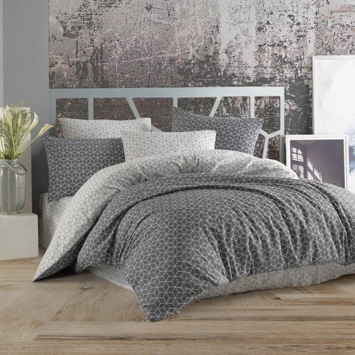 SIRMAK Ranforce Puzzle Gray Double Duvet Cover Set, Fast from Turkey