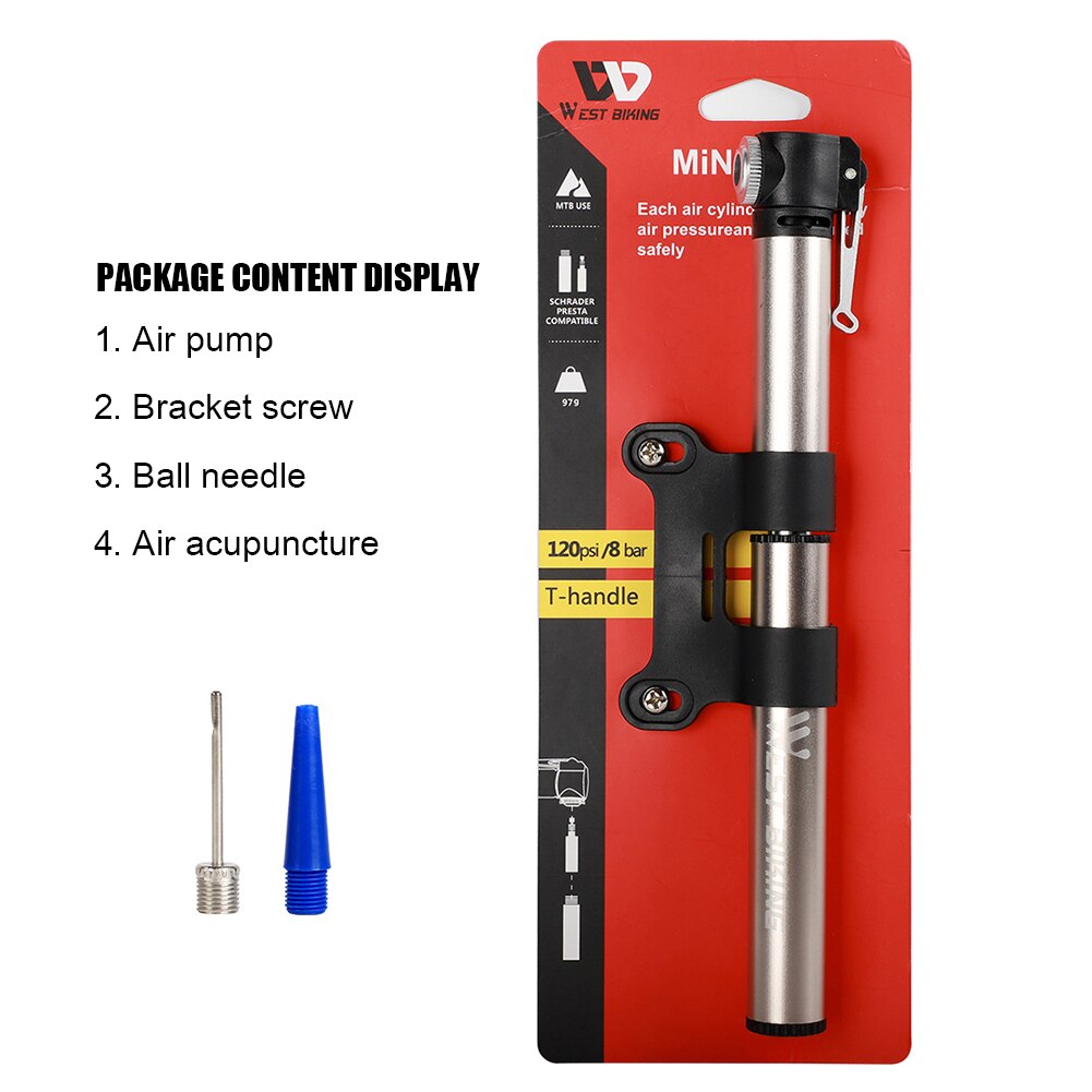 WEST BIKING Mini Bicycle Pump Aluminum Alloy Cycling Hand Air Pump Ball Tire Inflator MTB Mountain Road Bike Pump 120PSI