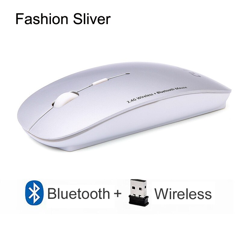 Cliry 2.4Ghz Wireless + Bluetooth Dual Mode 2 In 1 Cordless Mouse 1600 DPI Ultra-thin Ergonomic Portable Optical Mice computer: Dual Mode Silver