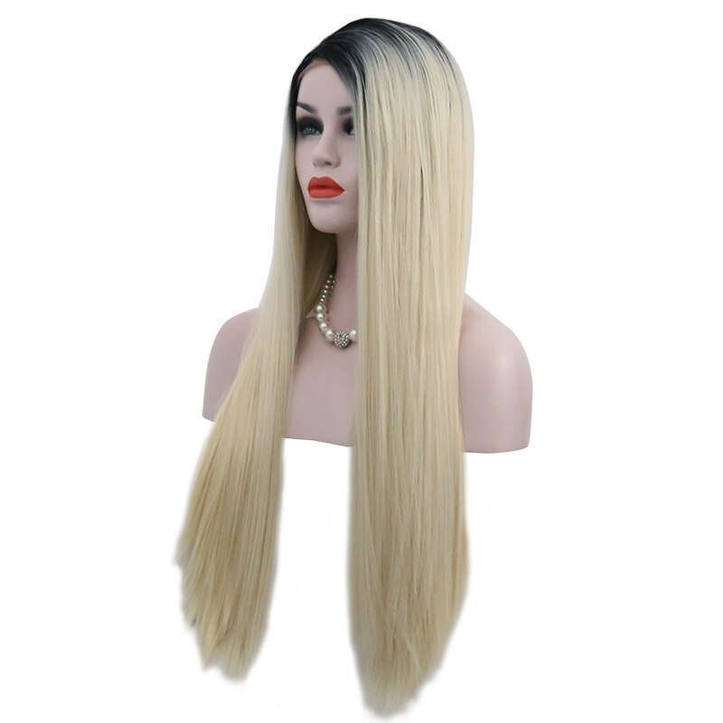 Joy & beauty 28 "mão amarrada raízes escuras ao cabelo loiro ombre fibra de alta temperatura reta sem cola peruca de fron sintético do laço