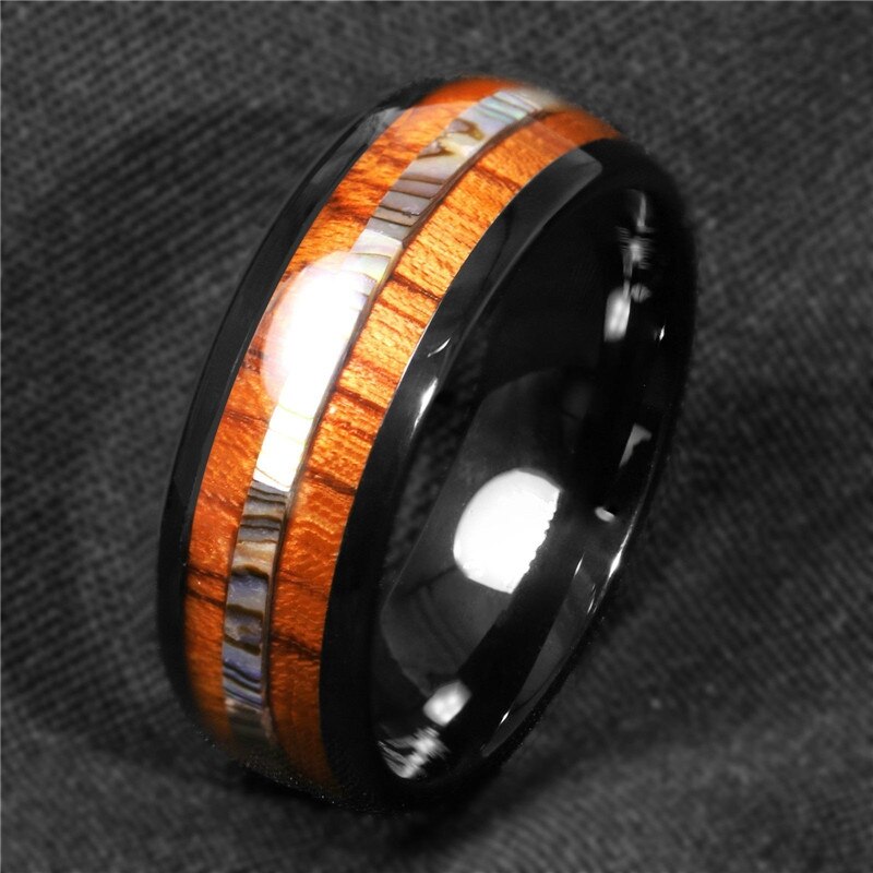 FDLK 8mm Black Stainless Steel Ring Koa Wood Abalone Wedding Band Men’s Jewelry