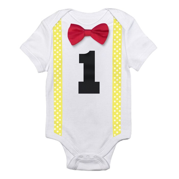 Um tamanho de algodão bebê menino macacão traje crianças carta macacões 1st aniversário outfits recém-nascidos meninos roupas do bebê 12 meses: R5