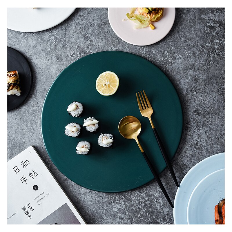 Round Flat Bottom Plate Hotel Ceramic Dinner Plates Beef Tableware Solid Color Dessert Dish Simple And Sushi Dishes