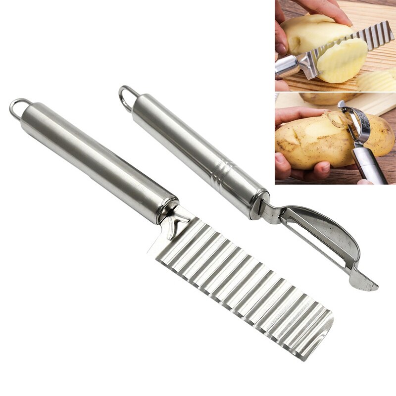 Cortador de patatas fritas de acero inoxidable, pelador de patatas fritas cortadas, accesorios de cocina, cuchillo, cortador ondulado de patatas: 2pcs