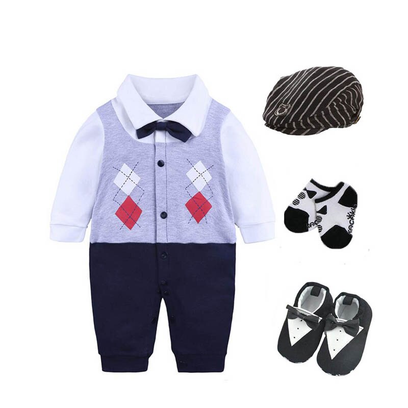 Ropa Infantil para bebés, traje de de cumpleaños + sombrero + calcetines + zapatos para niños de algodón 3 6 9 12 m, traje de caballero, de Pascua: 4 pieces set---gray / 18 meses