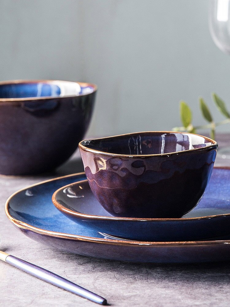 Household bowl and plate combination set simple retro ceramic tableware noodle salad bowl Steak cake dessert plates