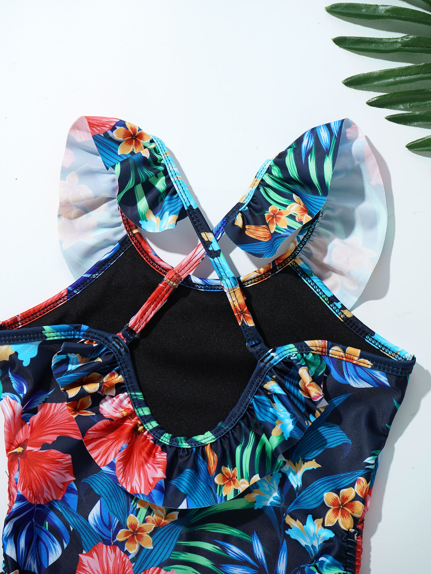 Kids Girls One-piece Beachwear Floral Pattern Ruffle U Neck Spaghetti Straps Leotard Swimsuit Beach Swimwear Bathing Suits