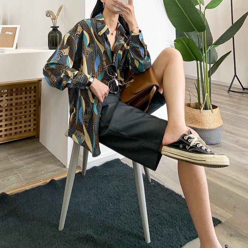 Kesäinen geometrinen printti paitapusero naisten rento käännettävä kaulus kokohihainen sifonkipaita crriflz