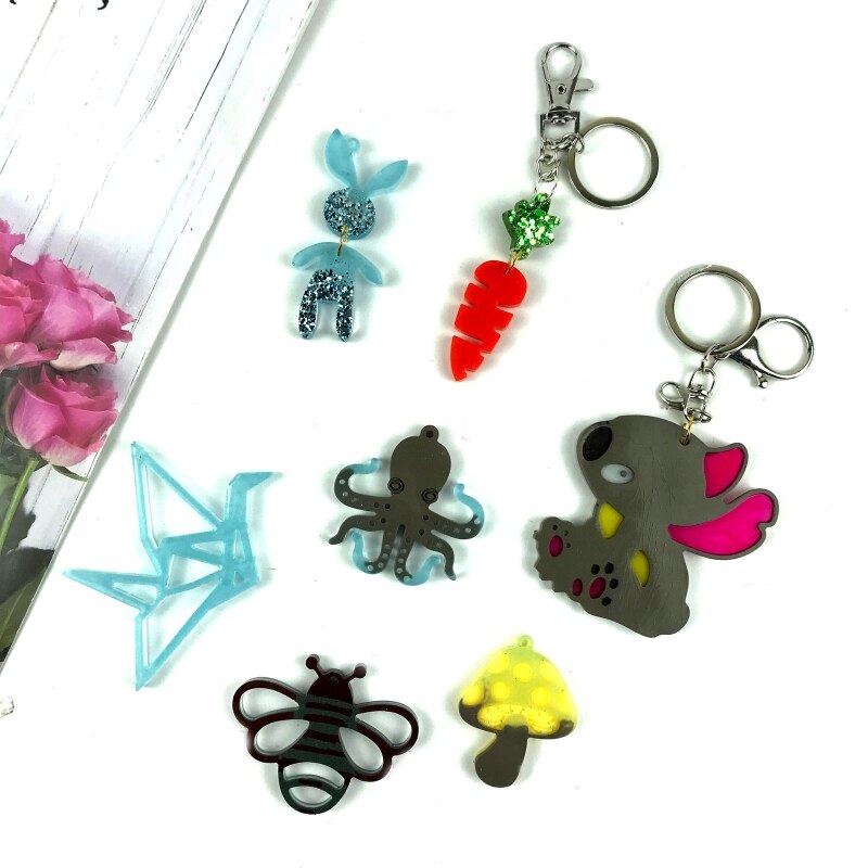 Easter Keychain Epoxy Resin Mold Rabbit Carrot Mushroom Bee Octopus Pendant Silicone Mould DIY Crafts Jewelry Casting Tools