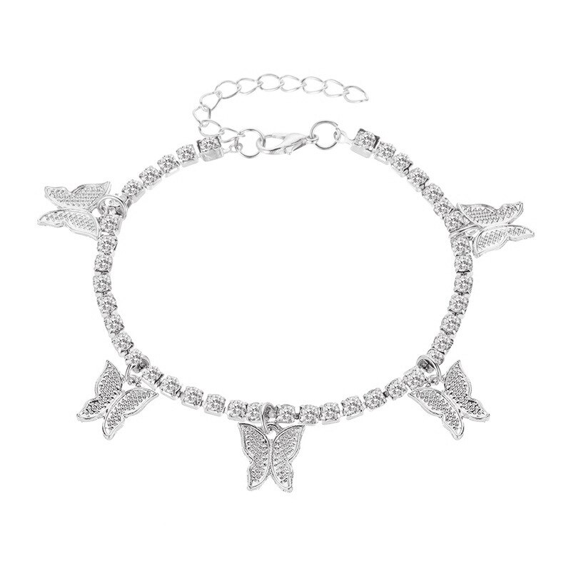 Schattige Kleine Vlinder Charm Enkelband Foot Sieraden Voor Vrouwen Hip Hop Cubaanse Link Chain Iced Out Enkelbandje Vlinder Sieraden