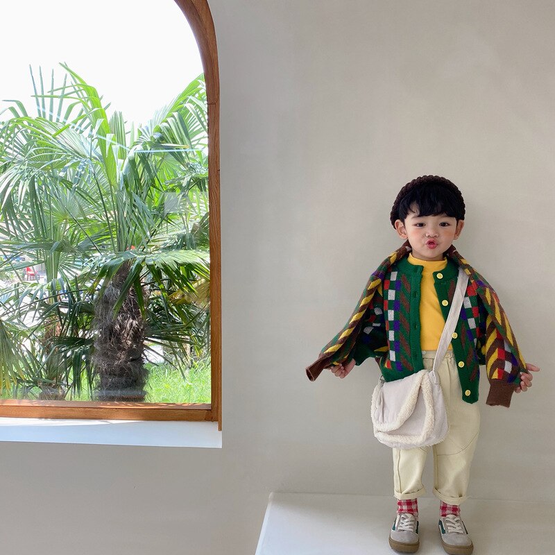 9270 maglione per bambini 2021 autunno e inverno New Fashion Plaid Boy&#39;s Cardigan maglione Casual Girl maglione cappotto outfit