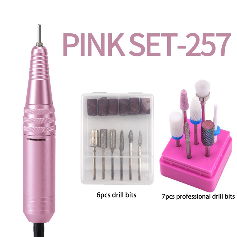 Juego de máquina pulidora eléctrica portátil para manicura y pedicura, con USB, 30000RPM, con taladro de cerámica, 257: 257 Pink set / US