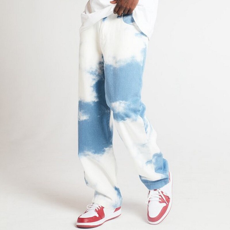 Männer lässig verlieren Gerade Denim Hosen binden Farbstoff Drucken Himmel Blau Lange Hosen Gerade Jeans Voller Länge Hohe binden Farbstoff S-3XL