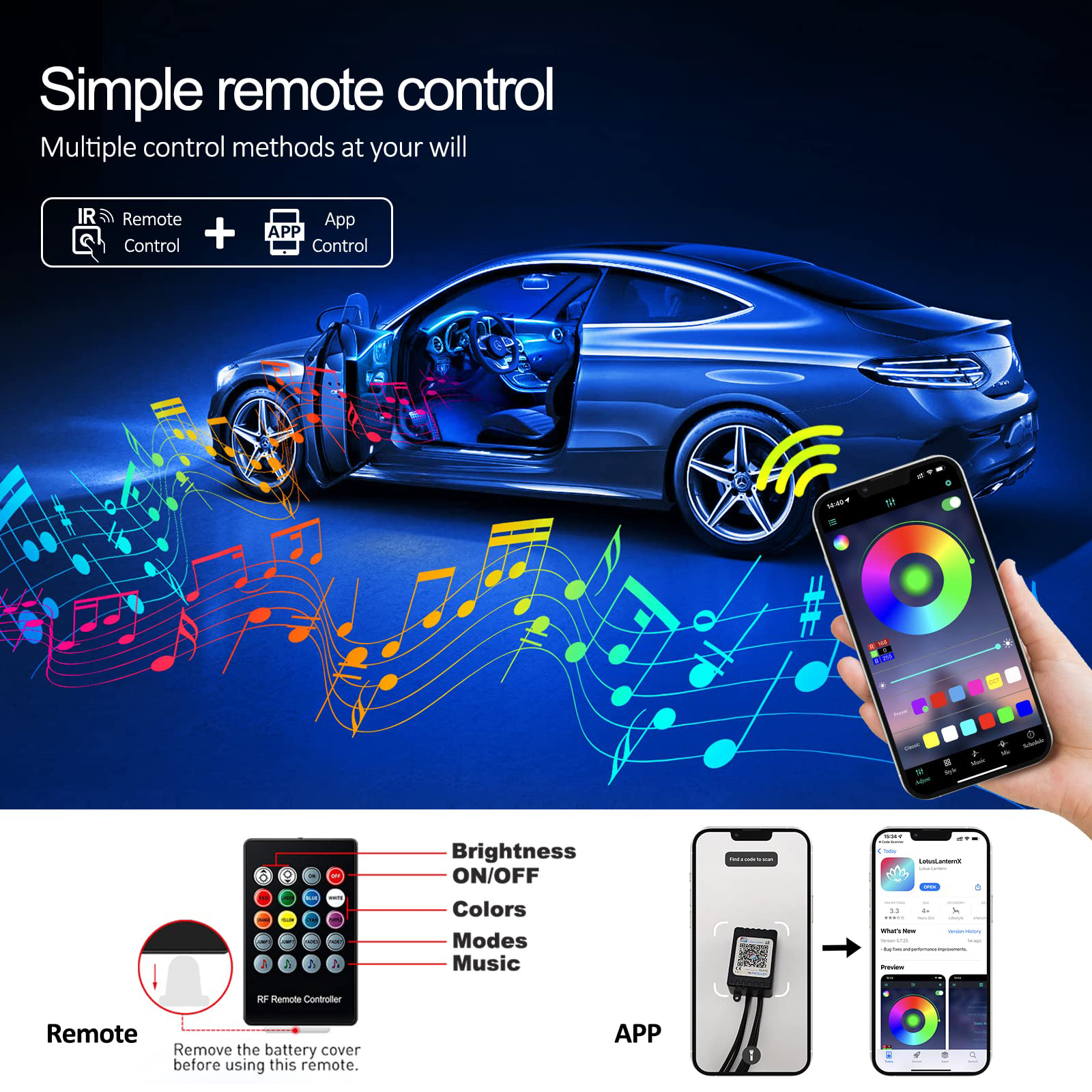 Tira de luces LED para Interior de coche, Kit de iluminación de neón de fibra óptica RGB con Control remoto por aplicación, lámparas decorativas automáticas