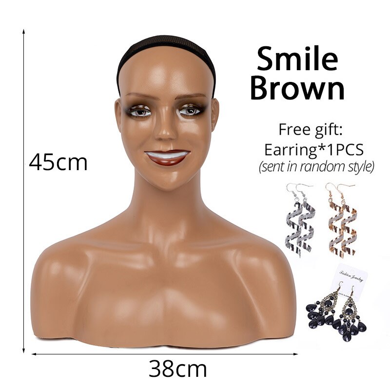 Plussign Realistic Half Body Double Shoulder Pvc Training Mannequin Heads For Display Wigs Hat Jewelry Practice Model Head: new Smile Brown
