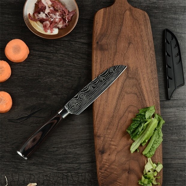 Super 8"inch Utility Chef Knives Imitation Damascus Steel Vein Santoku Kitchen Knives Carving Cleaver Slicing Knife: D.5 inch Santoku