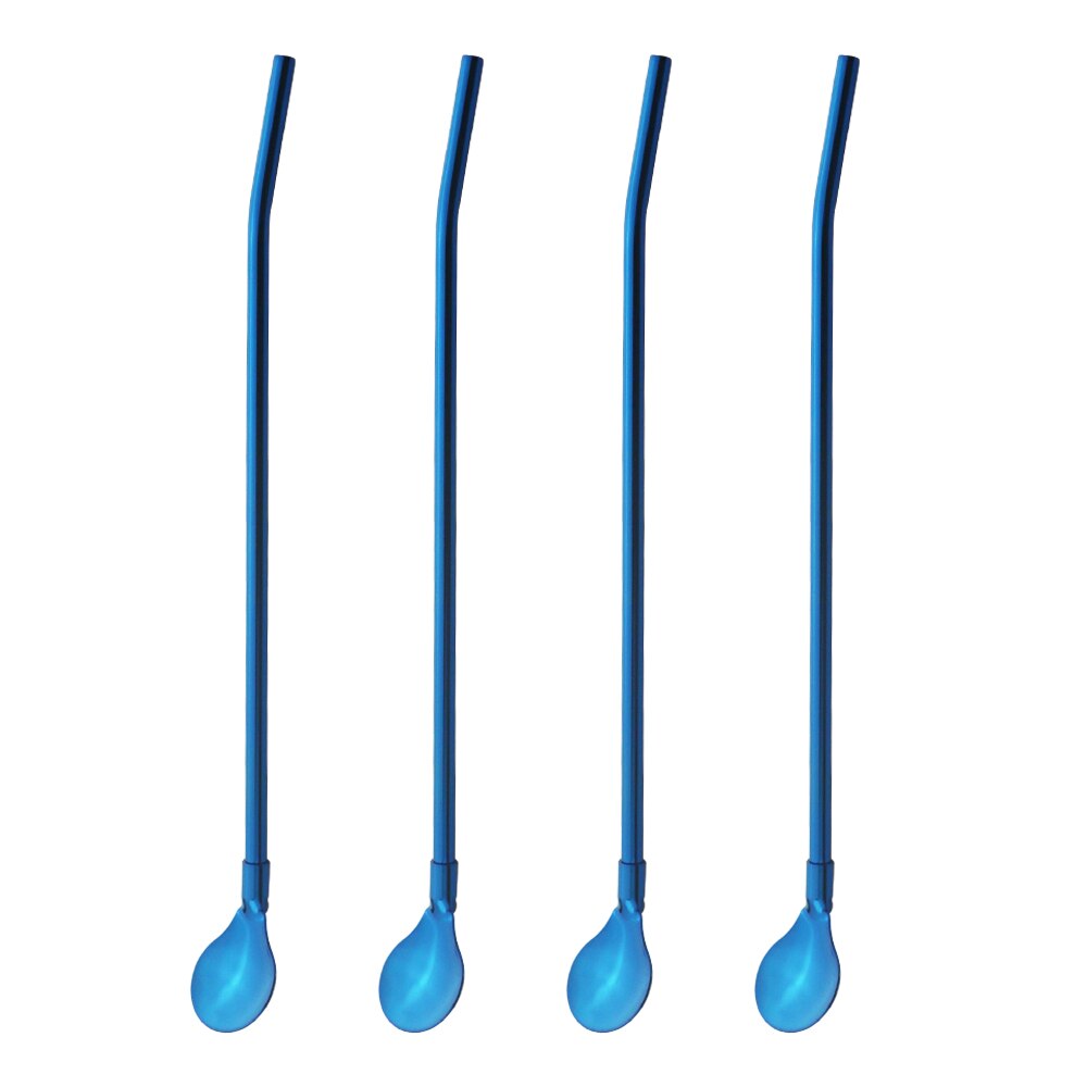 4 unids/set reutilizable paja larga cuchara Multicolor 18/10 pajas de acero inoxidable cuchara para té Bar de café agitación cuchara de beber: Blue