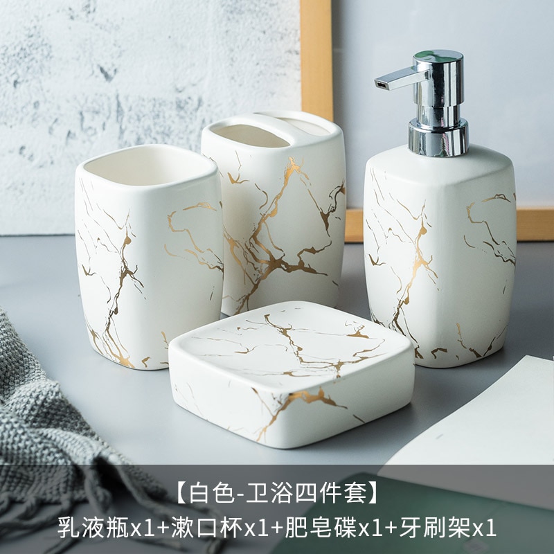 Marmer Keramiek Badkamer Set 5Pcs Zeepdispenser/Tandenborstel Houder/Tumbler/Zeepbakje Lade Badkamer Decoratie accessoires: White four-piece