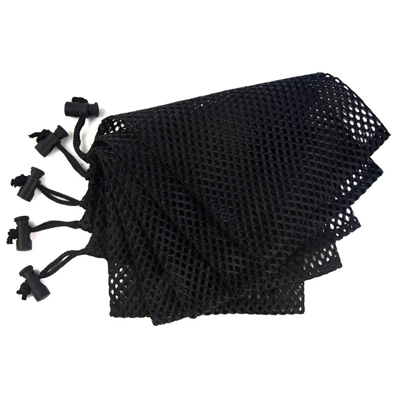 5 stuks duurzame nylon netzak met schuifkoordsluiting, voor golfballen, tennisballen, sportschool, douche, duiken
