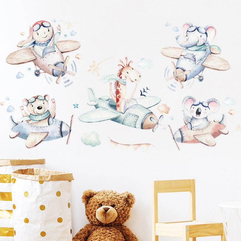 Cute Animal Pilot Wall Stickers for Boys room Decor Removable Kids room Nursery Wall Decor Wallpapers Home Decoration Decals