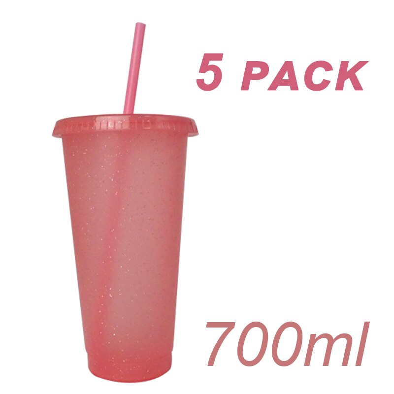 5Pcs/Set Reusable Straw Cup Sequined Glitter Cup Plastic Tumbler With Lid Reusable Plastic Cup Tumbler Cup: 700ml Pink