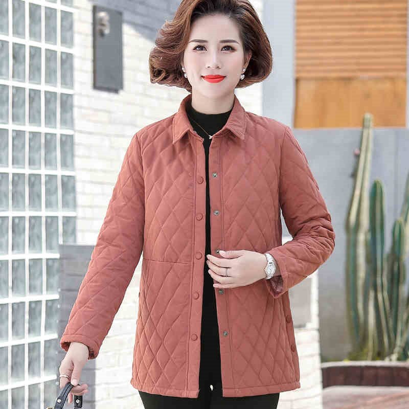Veste d'automne en coton pour femmes, couleur unie, grande taille 5XL, chemise fine rembourrée en coton, vêtements pour mères d'âge moyen et âgées: Orange / 4XL