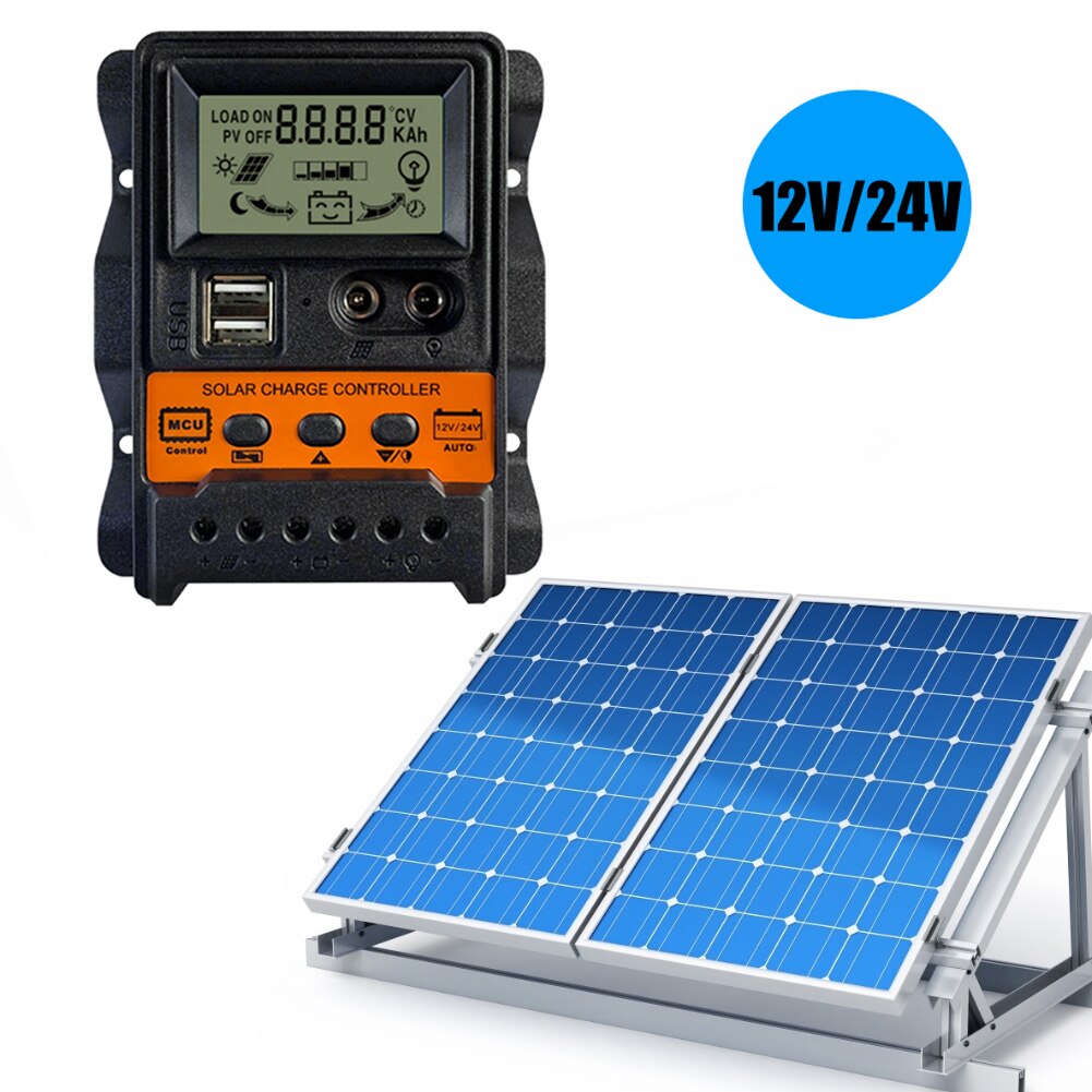 12V 24V Solar Panel Regulator Dual LCD Display Solar Charge Controller Adjustable Discharging Parameters for iPhone