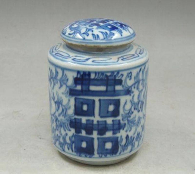 Chinese Oude Handgemaakte Schilderij Bloemen Blauw En Wit Porselein Thee Caddy Pot
