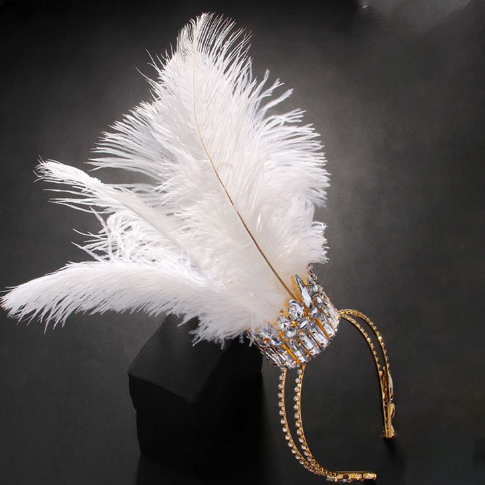 Stonefans-Diadema con corona de plumas de Reina blanca para carnaval, accesorios para graduación, Tiara de corona de cristal barroco geométrico para discoteca para mujer