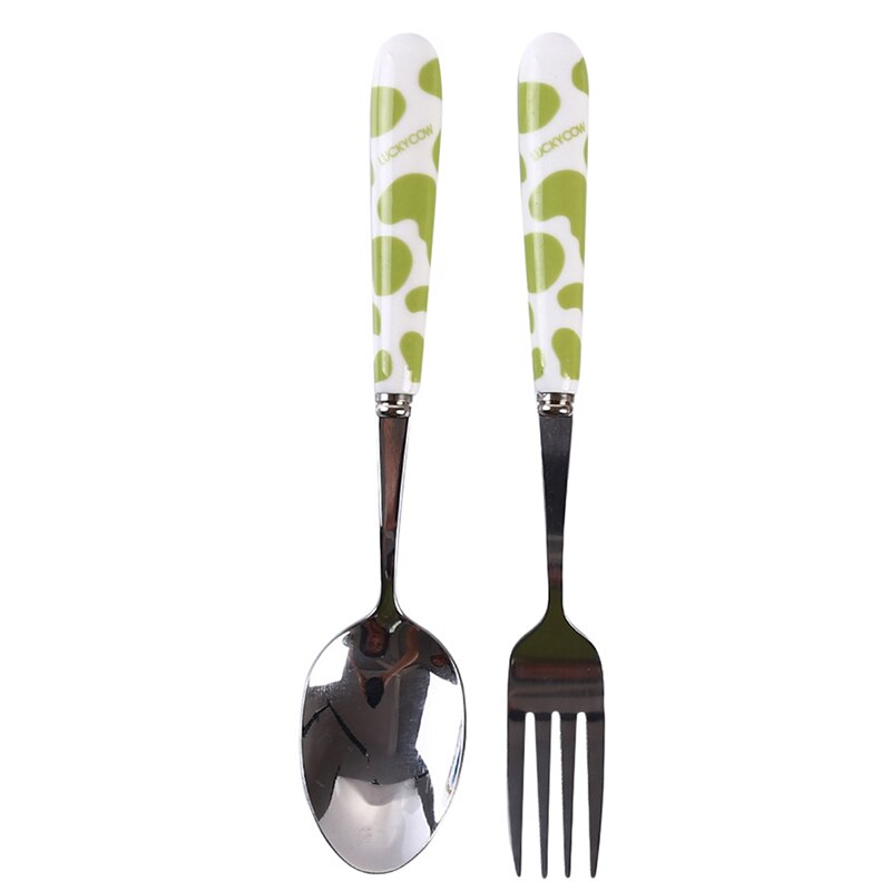 3PCS/Set Cute Fork Spoon Cutlery Set Cartoon Handle Stainless Steel Children Tableware Student Girl Boy Picnic Lunch Tableware: 2PC green