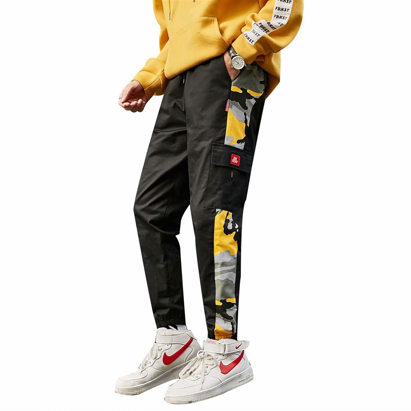 Calças de camuflagem dos homens hip hop calças camo solto harem calças corredores sweatpants moda casual juventude streetwear amarelo vermelho outono