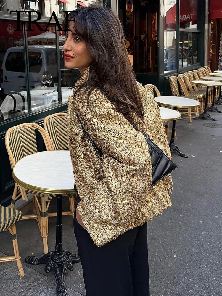 TRAFZA Frauen Glänzende Pailletten Jacke Y2k Gold Farbe Stehkragen Langarm Kurzarm Mantel Herbst Winter Damen Hohe Streetwear
