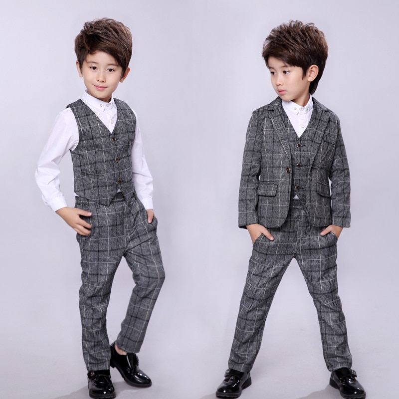 Kid kostume jakke + buks + vest 3 dele barnedragter 2-10 år drengetøj sæt grå plaid slank skoledrenge blazerdragt