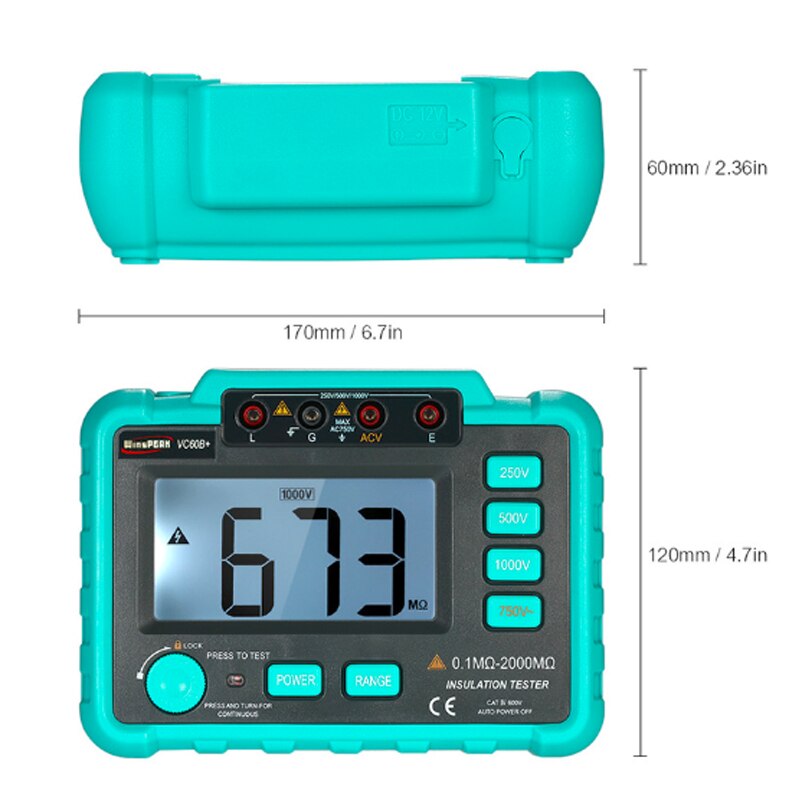 VC60B+ Digital Insulation Resistance Tester 250V/500V/1000V Insulation Impedance Tester DC/AC 0.1~2000M ohm