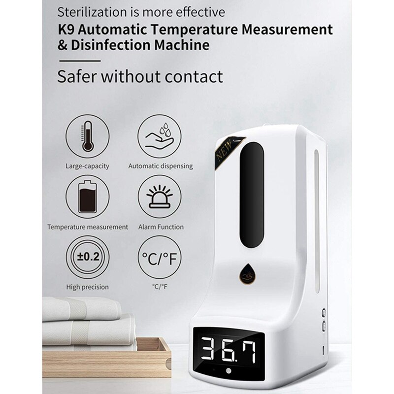 Wall-Mounted Thermometer with Hand Dispenser, K9 Automatic Temperature Measurement, with Alarm, for in Offices Schools