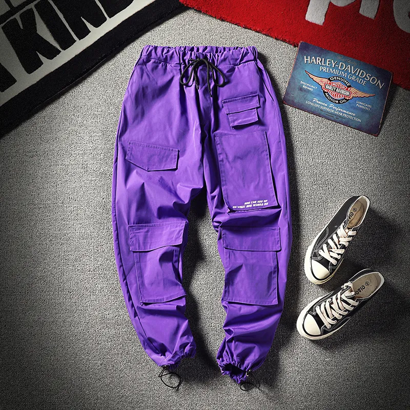 Pantalones Cargo morados para hombre, pantalón holgado de Hip Hop para correr, monos con bolsillos, pantalones de chándal de para estudiantes, ropa de calle coreana para hombre: M 49-53kg / Purple