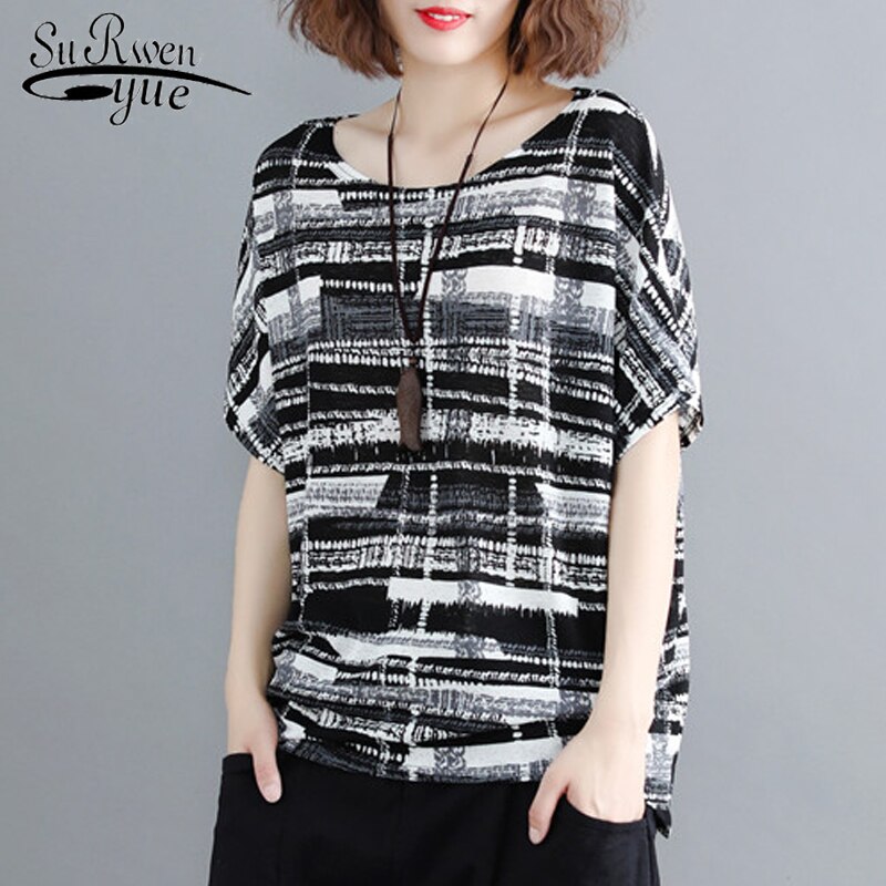 Plus Size Vrouwen Blouse Overhemd Batwing Mouw Zomer Tops Vrouwelijke Blouses Print Zwart Gestreepte Blouse Vrouwen Shirt Blusas 0275 40