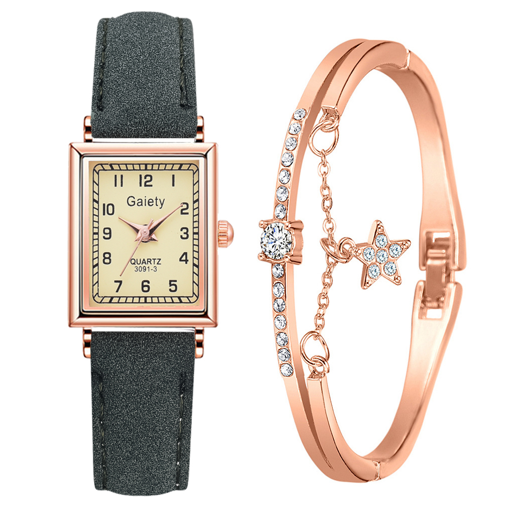 2PCS /Set Women Leather Belt Dress Quartz Clock Square Dial Sport Casual Bracelet Ladies Wrist Watch Relogio Reloj Mujer: Green Set