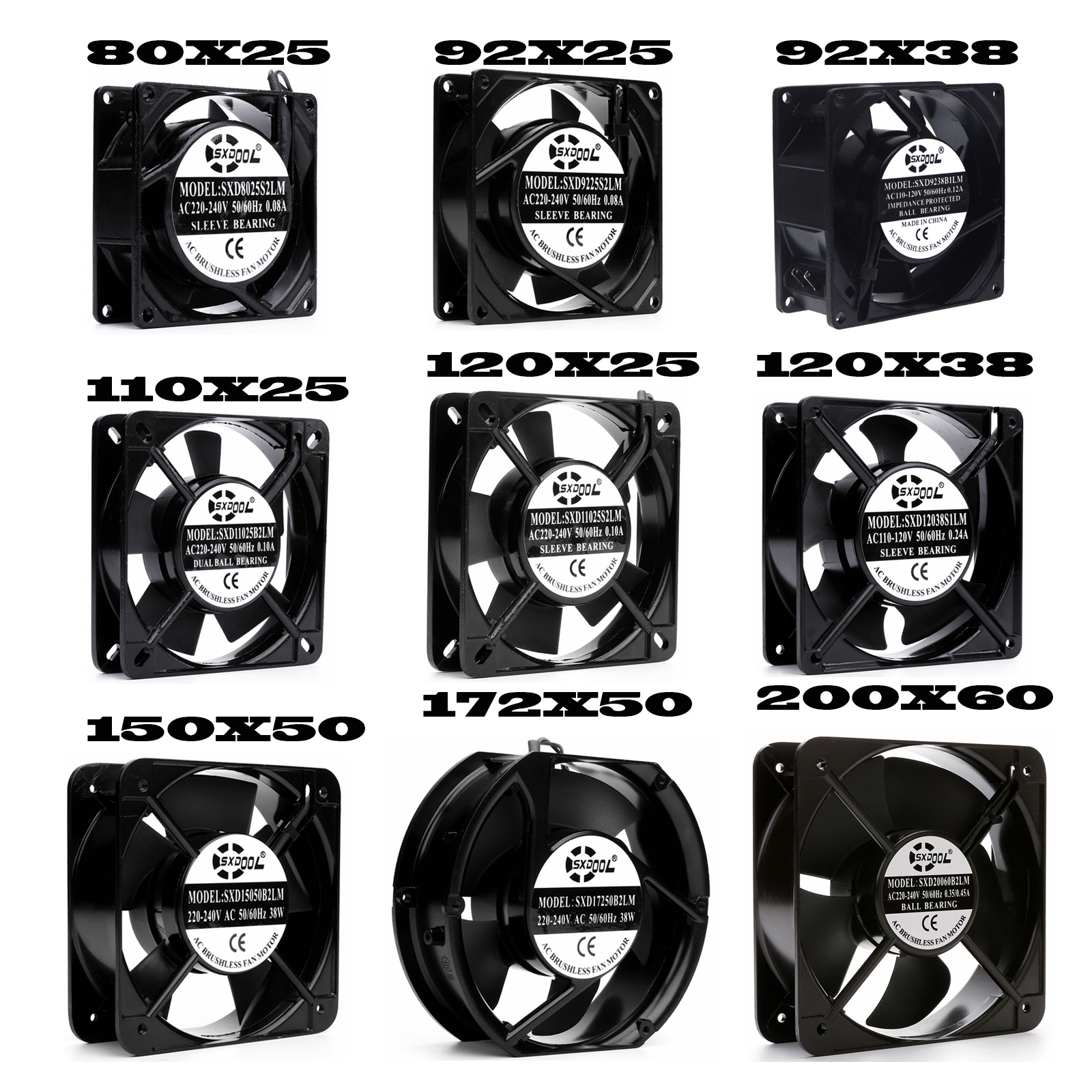 AC 110V 115V 220V 230V 80mm 92mm 110mm 120mm 150mm 172mm 200mm Industrial Case Cabinets Cooling Fan Dual Ball Bearing 2 Wire